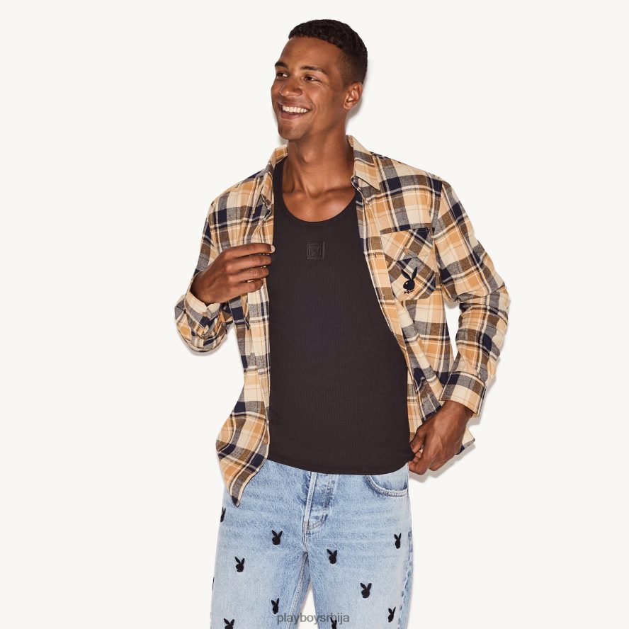 одећу Playboy фланел кошуља дугих рукава тан плаид мушкарци 2F84PF311